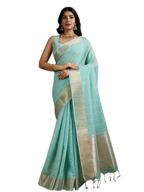Generic Women's Tissue Checks_With_Buttis Saree With Unstitched Blouse 5.5Mtr (Aqua_Blue)