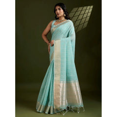 Women's Tissue Checks_With_Buttis Saree With Unstitched Blouse 5.5Mtr (Aqua_Blue)