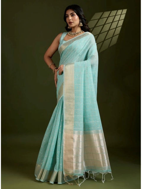 Women's Tissue Checks_With_Buttis Saree With Unstitched Blouse 5.5Mtr (Aqua_Blue)