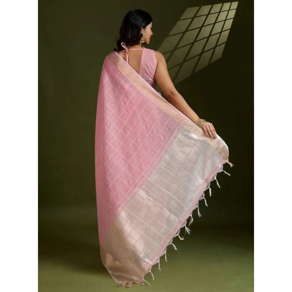Women's Tissue Checks_With_Buttis Saree With Unstitched Blouse 5.5Mtr (Light_Pink)