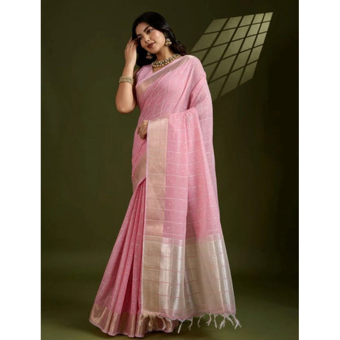 Women's Tissue Checks_With_Buttis Saree With Unstitched Blouse 5.5Mtr (Light_Pink)