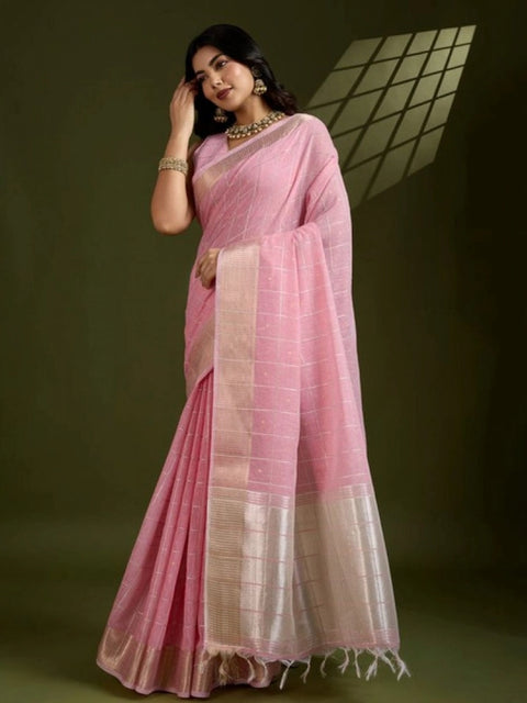 Women's Tissue Checks_With_Buttis Saree With Unstitched Blouse 5.5Mtr (Light_Pink)