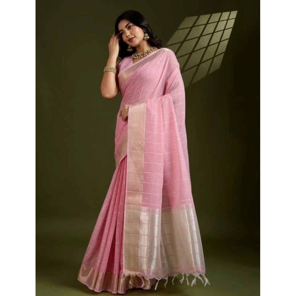 Women's Tissue Checks_With_Buttis Saree With Unstitched Blouse 5.5Mtr (Light_Pink)