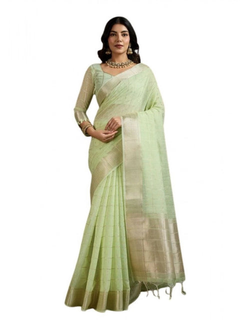 Generic Women's Tissue Checks_With_Buttis Saree With Unstitched Blouse 5.5Mtr (Light_Green)
