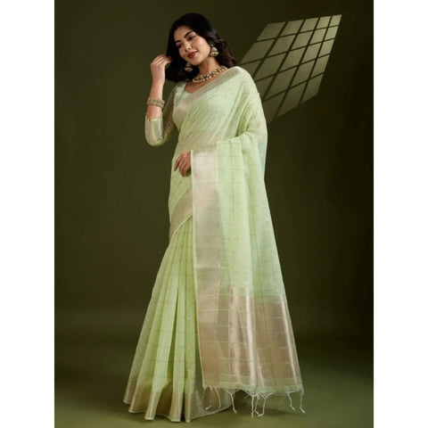 Women's Tissue Checks_With_Buttis Saree With Unstitched Blouse 5.5Mtr (Light_Green)