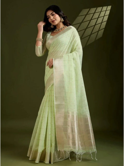 Women's Tissue Checks_With_Buttis Saree With Unstitched Blouse 5.5Mtr (Light_Green)