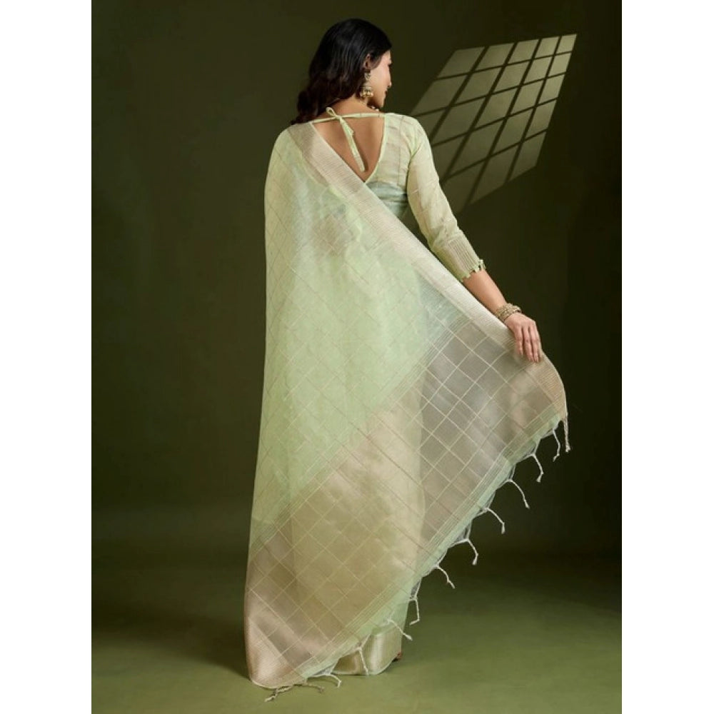 Women's Tissue Checks_With_Buttis Saree With Unstitched Blouse 5.5Mtr (Light_Green)