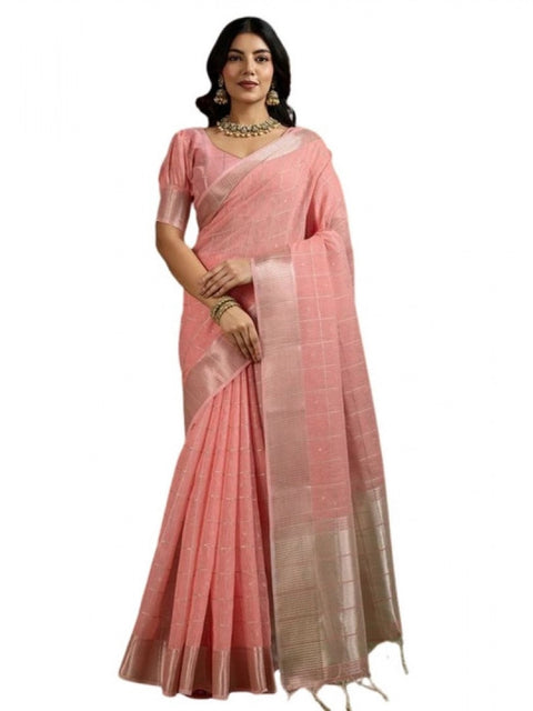 Generic Women's Tissue Checks_With_Buttis Saree With Unstitched Blouse 5.5Mtr (Peach)