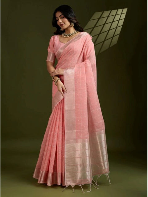 Generic Women's Tissue Checks_With_Buttis Saree With Unstitched Blouse 5.5Mtr (Peach)