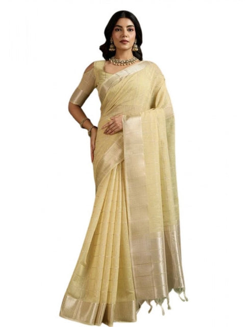 Generic Women's Tissue Checks_With_Buttis Saree With Unstitched Blouse 5.5Mtr (Yellow)