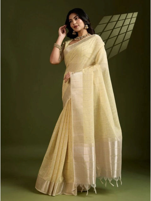 Generic Women's Tissue Checks_With_Buttis Saree With Unstitched Blouse 5.5Mtr (Yellow)