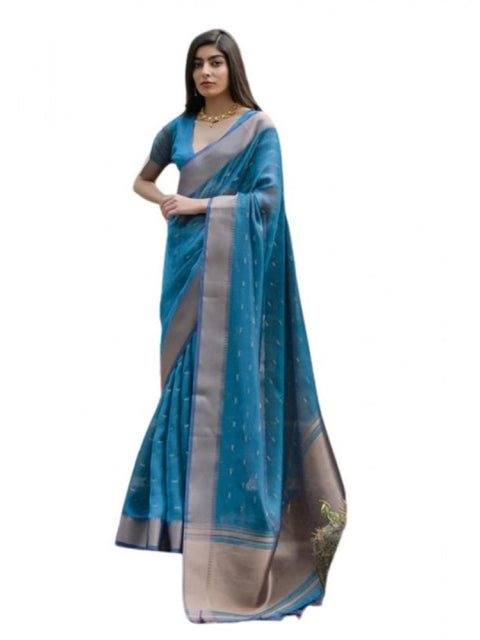 Generic Women's Silk_Blend Butti Pattern Saree With Unstitched Blouse 5.5Mtr (Teal)