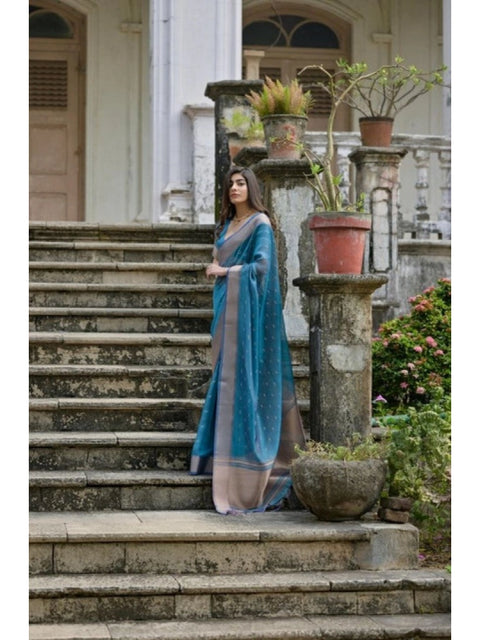 Generic Women's Silk_Blend Butti Pattern Saree With Unstitched Blouse 5.5Mtr (Teal)