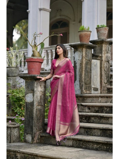 Generic Women's Silk_Blend Butti Pattern Saree With Unstitched Blouse 5.5Mtr (Pink)