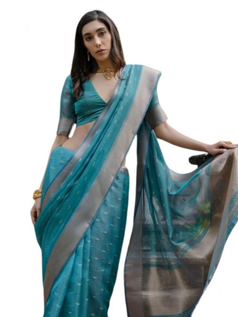 Generic Women's Silk_Blend Butti Pattern Saree With Unstitched Blouse 5.5Mtr (Teal)