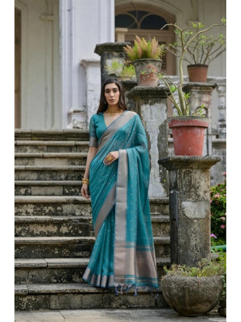 Generic Women's Silk_Blend Butti Pattern Saree With Unstitched Blouse 5.5Mtr (Teal)