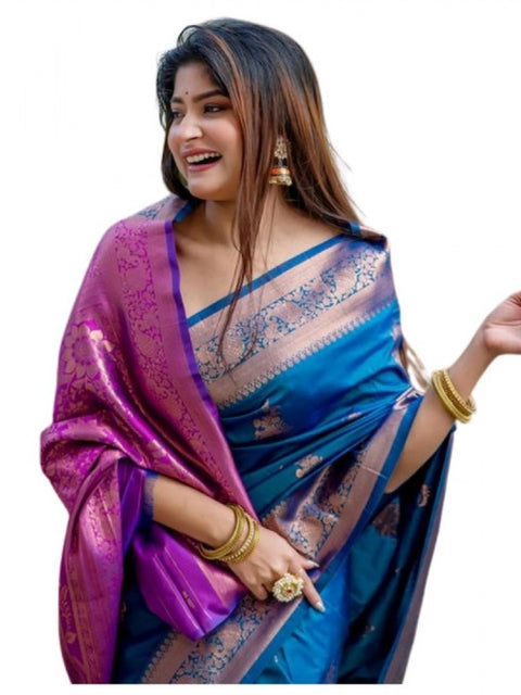 Generic Women's Katan_Silk Zari_Weaving Saree With Unstitched Blouse 5.5Mtr (Blue)