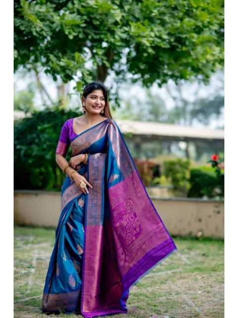 Generic Women's Katan_Silk Zari_Weaving Saree With Unstitched Blouse 5.5Mtr (Blue)