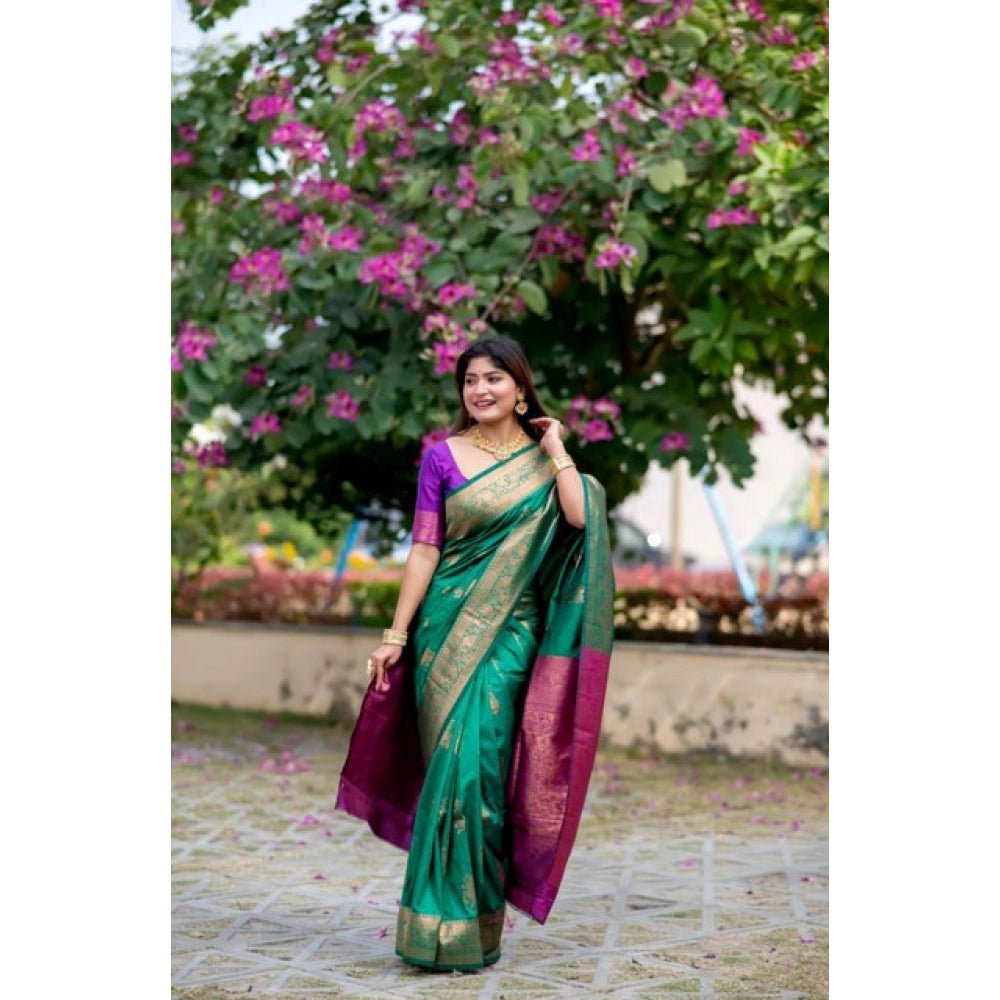Women's Katan_Silk Zari_Weaving Saree With Unstitched Blouse 5.5Mtr (Dark_Green)