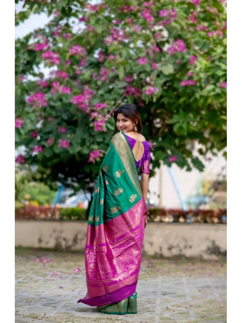 Women's Katan_Silk Zari_Weaving Saree With Unstitched Blouse 5.5Mtr (Dark_Green)