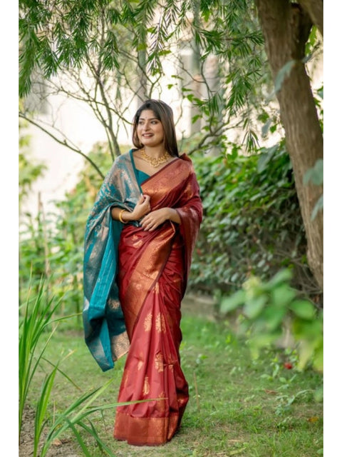 Generic Women's Katan_Silk Zari_Weaving Saree With Unstitched Blouse 5.5Mtr (Maroon)