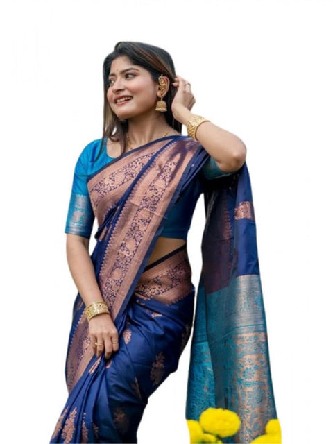Generic Women's Katan_Silk Zari_Weaving Saree With Unstitched Blouse 5.5Mtr (Navy_Blue)