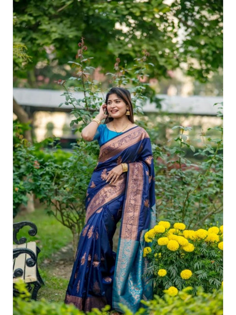Generic Women's Katan_Silk Zari_Weaving Saree With Unstitched Blouse 5.5Mtr (Navy_Blue)