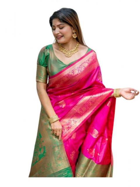 Generic Women's Katan_Silk Zari_Weaving Saree With Unstitched Blouse 5.5Mtr (Pink)
