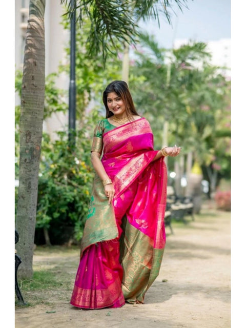 Generic Women's Katan_Silk Zari_Weaving Saree With Unstitched Blouse 5.5Mtr (Pink)
