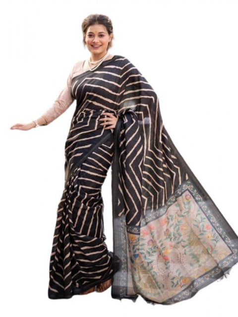 Women's Faux_Tussar_Silk Geometric_Print Saree With Unstitched Blouse 5.5Mtr (Black)