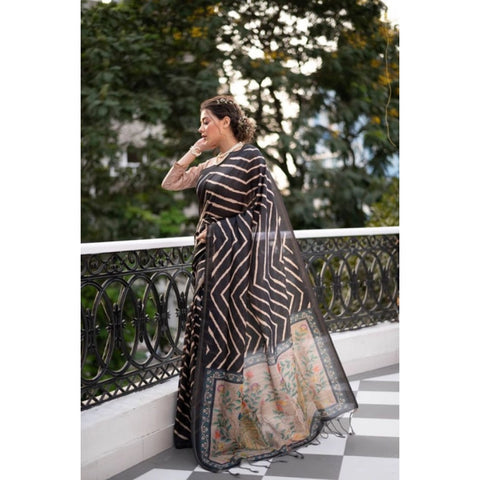 Women's Faux_Tussar_Silk Geometric_Print Saree With Unstitched Blouse 5.5Mtr (Black)