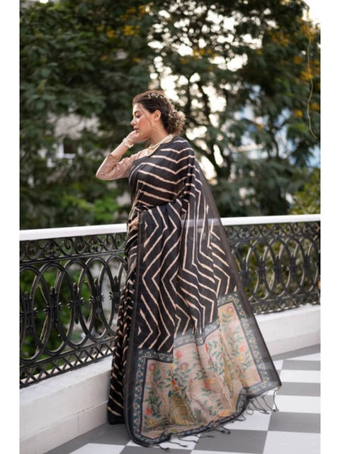 Women's Faux_Tussar_Silk Geometric_Print Saree With Unstitched Blouse 5.5Mtr (Black)