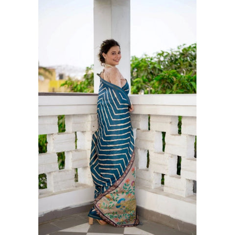 Women's Faux_Tussar_Silk Geometric_Print Saree With Unstitched Blouse 5.5Mtr (Blue)
