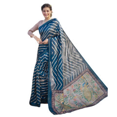 Women's Faux_Tussar_Silk Geometric_Print Saree With Unstitched Blouse 5.5Mtr (Blue)