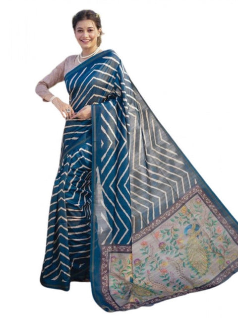 Women's Faux_Tussar_Silk Geometric_Print Saree With Unstitched Blouse 5.5Mtr (Blue)
