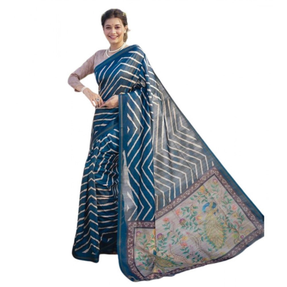 Women's Faux_Tussar_Silk Geometric_Print Saree With Unstitched Blouse 5.5Mtr (Blue)
