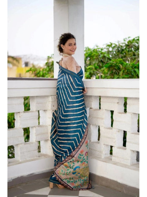 Generic Women's Faux_Tussar_Silk Geometric_Print Saree With Unstitched Blouse 5.5Mtr (Blue)