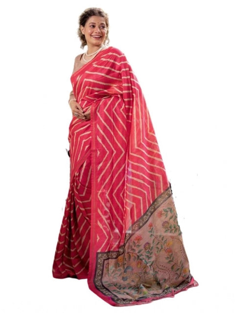 Generic Women's Faux_Tussar_Silk Geometric_Print Saree With Unstitched Blouse 5.5Mtr (Pink)