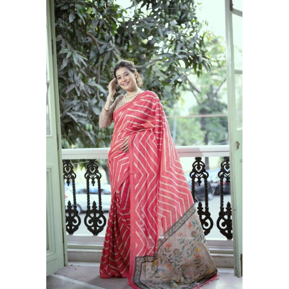 Women's Faux_Tussar_Silk Geometric_Print Saree With Unstitched Blouse 5.5Mtr (Pink)