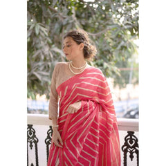 Women's Faux_Tussar_Silk Geometric_Print Saree With Unstitched Blouse 5.5Mtr (Pink)