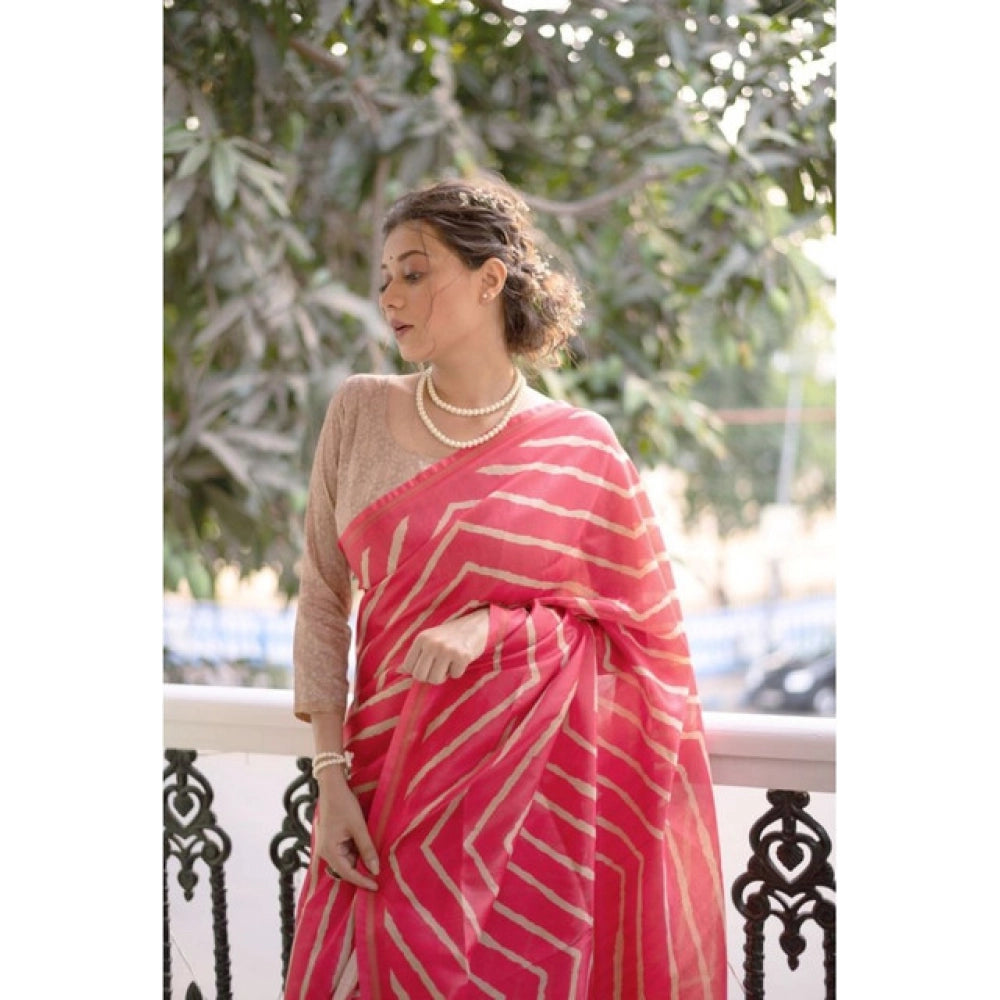 Women's Faux_Tussar_Silk Geometric_Print Saree With Unstitched Blouse 5.5Mtr (Pink)