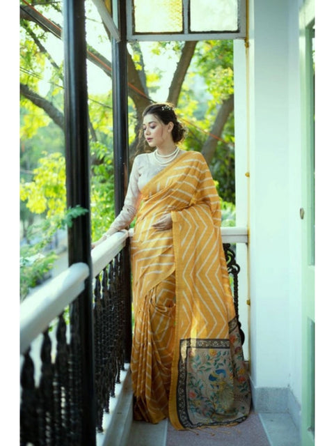 Women's Faux_Tussar_Silk Geometric_Print Saree With Unstitched Blouse 5.5Mtr (Mustard)