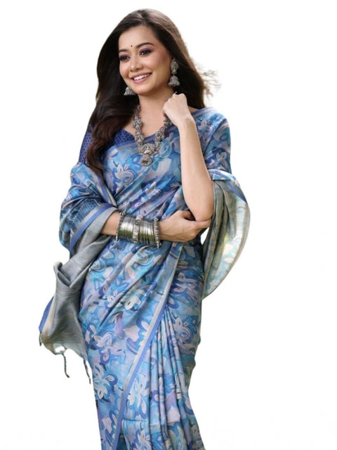 Generic Women's Faux_Tussar_Silk Abstract_Print Saree With Unstitched Blouse 5.5Mtr (Blue)