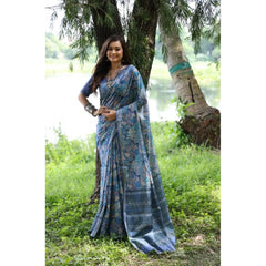 Women's Faux_Tussar_Silk Abstract_Print Saree With Unstitched Blouse 5.5Mtr (Blue)