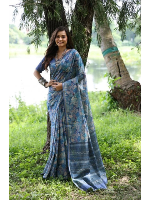 Women's Faux_Tussar_Silk Abstract_Print Saree With Unstitched Blouse 5.5Mtr (Blue)
