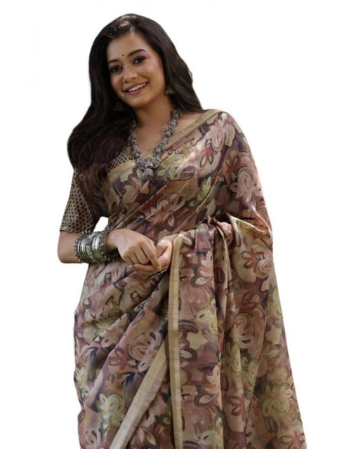 Generic Women's Faux_Tussar_Silk Abstract_Print Saree With Unstitched Blouse 5.5Mtr (Brown)