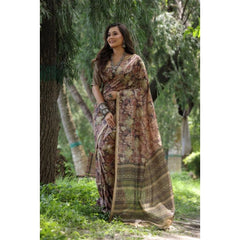 Women's Faux_Tussar_Silk Abstract_Print Saree With Unstitched Blouse 5.5Mtr (Brown)