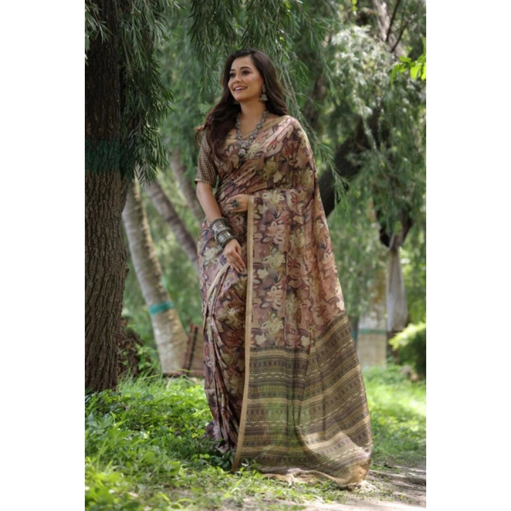Women's Faux_Tussar_Silk Abstract_Print Saree With Unstitched Blouse 5.5Mtr (Brown)