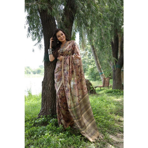 Women's Faux_Tussar_Silk Abstract_Print Saree With Unstitched Blouse 5.5Mtr (Brown)
