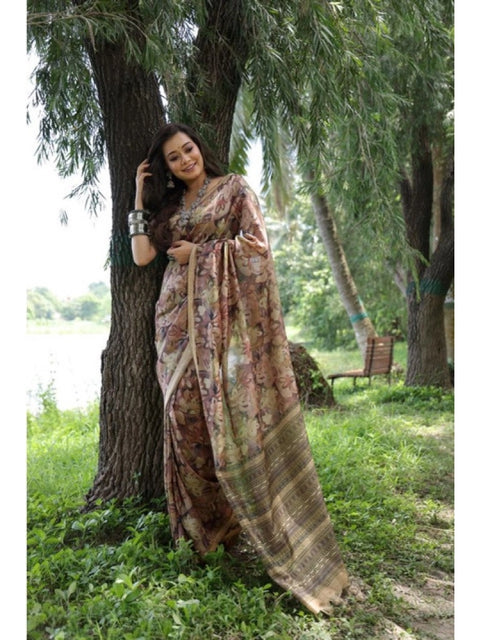 Women's Faux_Tussar_Silk Abstract_Print Saree With Unstitched Blouse 5.5Mtr (Brown)